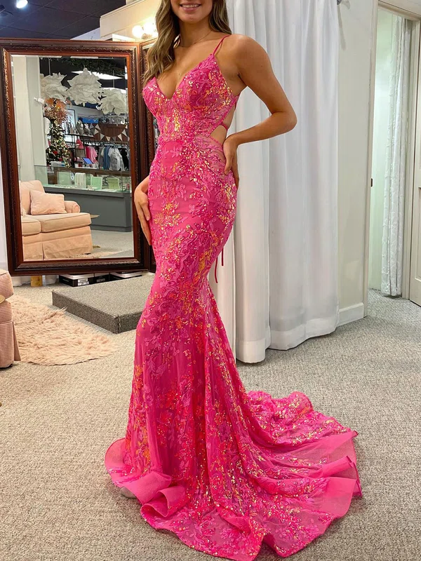 Trumpet/Mermaid V-neck Lace Sweep Train Prom Dresses With Appliques Lace #UKM020121726
