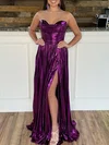 A-line Cowl Neck Metallic Sweep Train Prom Dresses With Split Front #UKM020121727