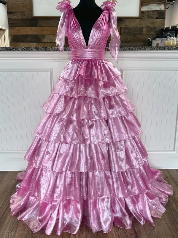 Ball Gown V-neck Tulle Ruffle Tiered Prom Dresses #UKM020121728