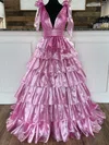 Ball Gown V-neck Tulle Ruffle Tiered Prom Dresses #UKM020121728