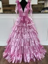 Ball Gown/Princess V-neck Metallic Sweep Train Prom Dresses With Tiered #UKM020121728