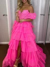Ball Gown Off-the-shoulder Tulle Tiered Prom Dresses With Puff Sleeve #UKM020121734