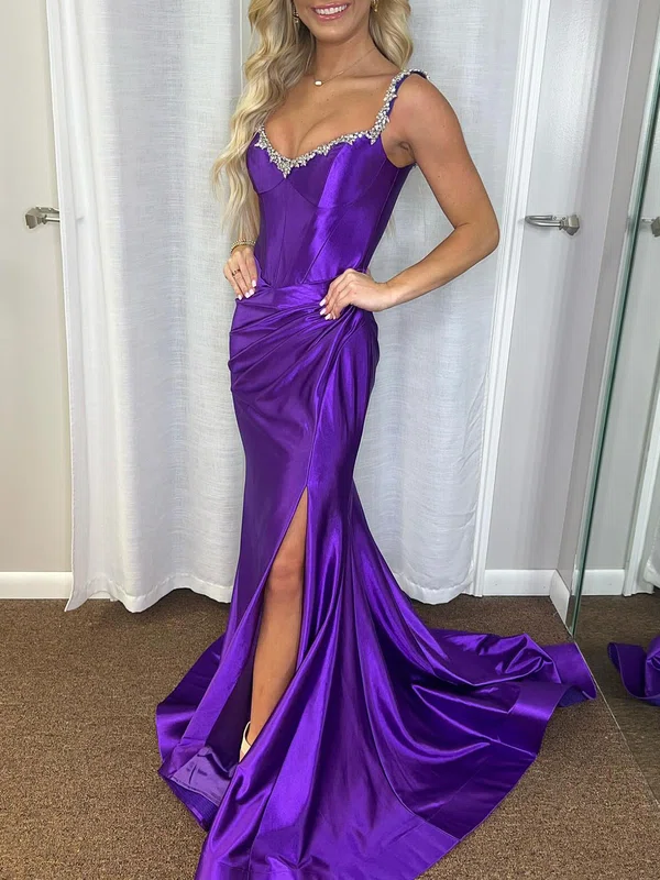 Trumpet/Mermaid V-neck Silk-like Satin Sweep Train Prom Dresses With Ruched #UKM020121735