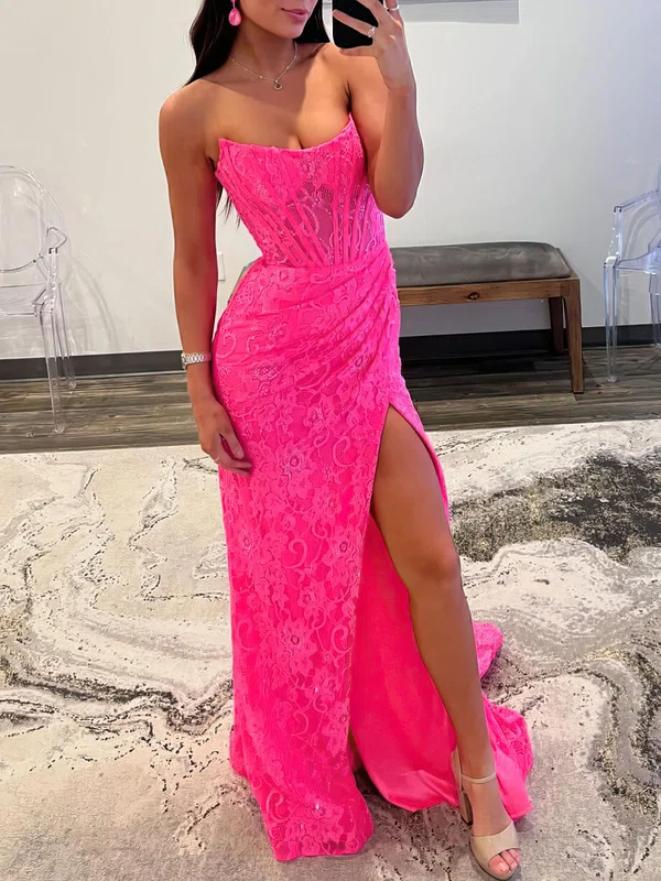Trumpet/Mermaid Straight Lace Sweep Train Prom Dresses With Ruched #UKM020121747