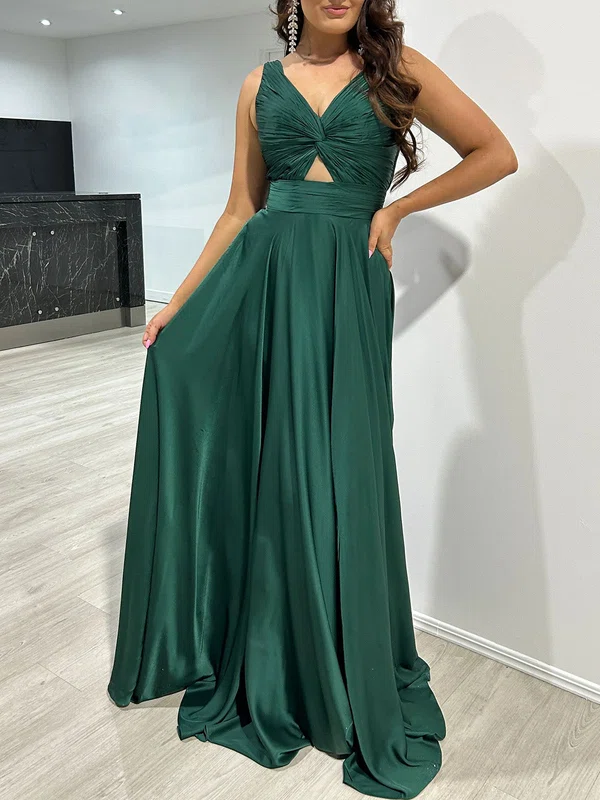 A-line V-neck Silk-like Satin Floor-length Prom Dresses With Ruched #UKM020121752
