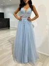 Ball Gown/Princess V-neck Tulle Sweep Train Prom Dresses With Appliques Lace #UKM020121753