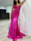 Trumpet/Mermaid V-neck Silk-like Satin Sweep Train Prom Dresses With Beading #UKM020121755