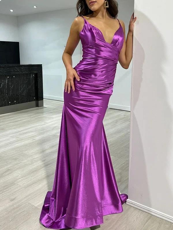 Trumpet/Mermaid V-neck Silk-like Satin Sweep Train Prom Dresses With Ruched #UKM020121769