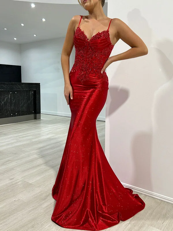 Trumpet/Mermaid V-neck Jersey Sweep Train Prom Dresses With Appliques Lace #UKM020121776