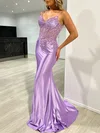 Trumpet/Mermaid V-neck Jersey Sweep Train Prom Dresses With Appliques Lace #UKM020121779