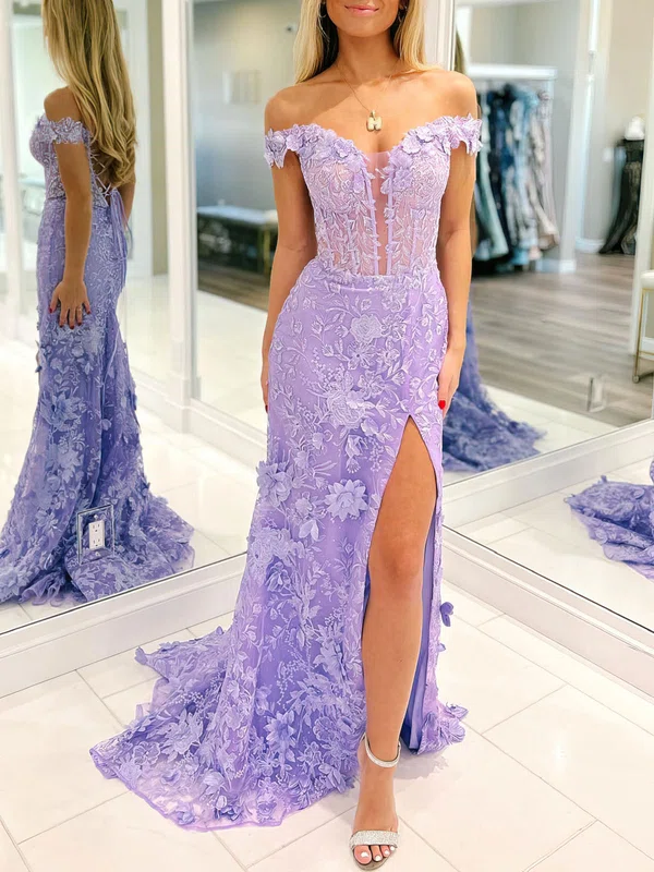 Trumpet/Mermaid Off-the-shoulder Lace Sweep Train Prom Dresses With Appliques Lace #UKM020121789