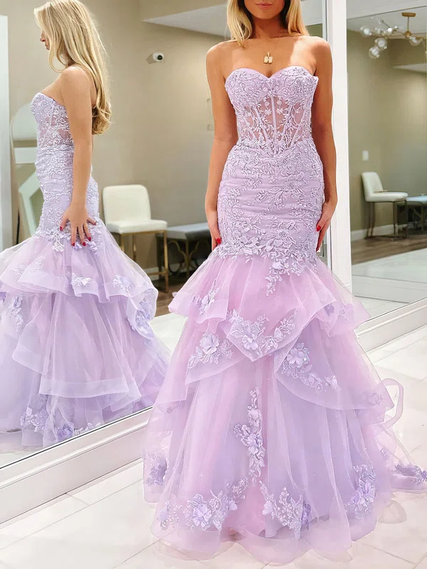 Trumpet/Mermaid Sweetheart Organza Sweep Train Prom Dresses With Appliques Lace #UKM020121796