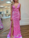 Trumpet/Mermaid V-neck Sequined Sweep Train Prom Dresses With Split Front #UKM020121798