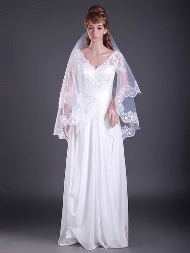 Two-tier Fingertip Wedding Veils with Lace Applique Edge #1430039