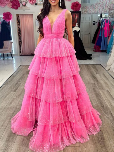 Ball Gown/Princess V-neck Glitter Sweep Train Prom Dresses With Tiered #UKM020121809