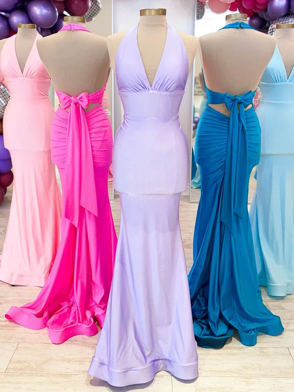 Trumpet/Mermaid Halter Jersey Sweep Train Prom Dresses With Bow #UKM020121812