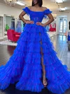 Ball Gown/Princess Off-the-shoulder Tulle Sweep Train Prom Dresses With Tiered #UKM020121815