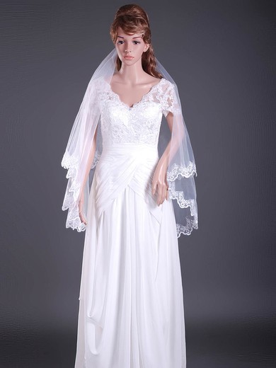 Delicate Two-tier Fingertip Wedding Veils with Lace Applique Edge #1430040