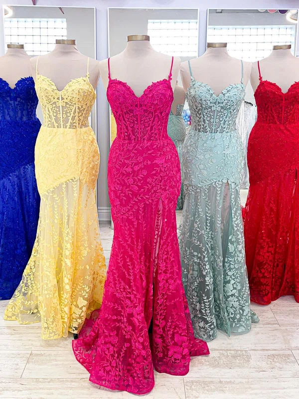 Trumpet/Mermaid V-neck Lace Sweep Train Prom Dresses With Appliques Lace #UKM020121819
