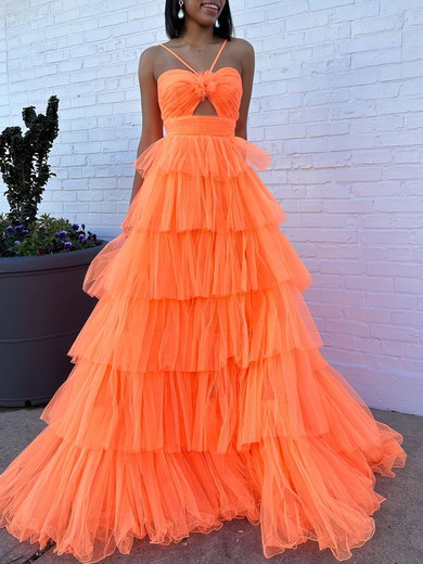 Ball Gown/Princess Halter Tulle Sweep Train Prom Dresses With Tiered #UKM020121821