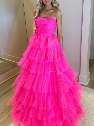 Ball Gown/Princess Straight Tulle Sweep Train Prom Dresses With Tiered #UKM020121822