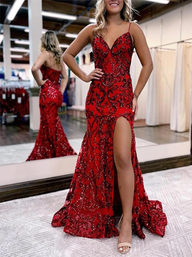 Trumpet/Mermaid V-neck Sequined Sweep Train Prom Dresses With Split Front #UKM020121856