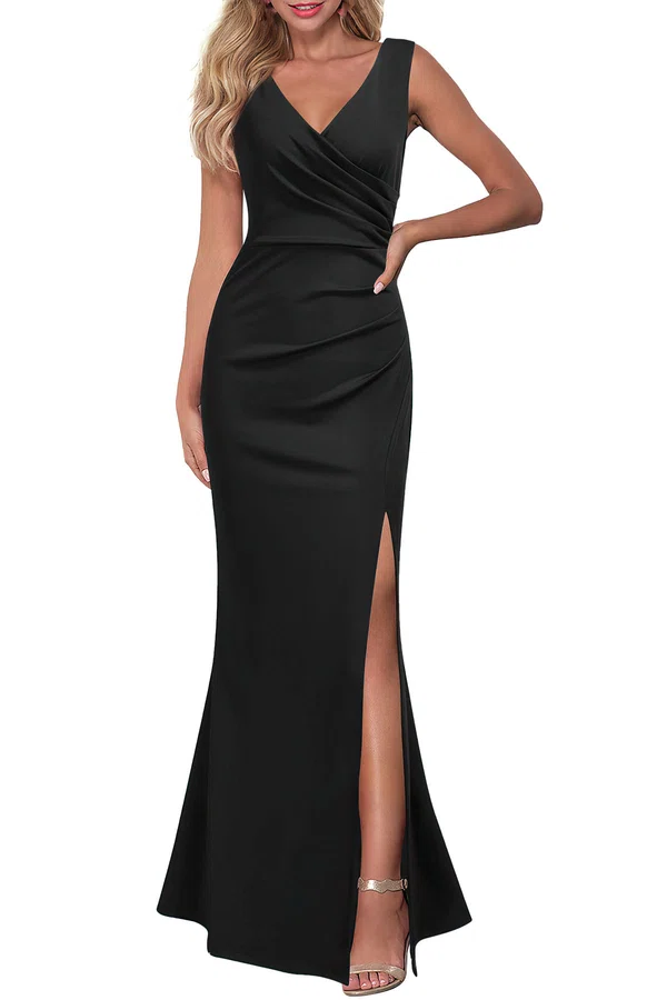 Trumpet/Mermaid V-neck Stretch Crepe Floor-length Prom Dresses With Ruched #UKM020121859