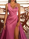 Sheath/Column One Shoulder Silk-like Satin Watteau Train Prom Dresses With Ruched #UKM020121863