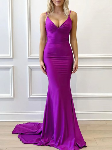 Trumpet/Mermaid V-neck Jersey Sweep Train Prom Dresses With Ruched #UKM020121866