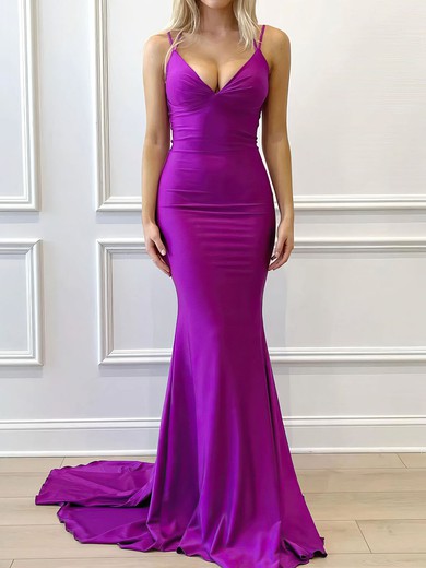 Trumpet/Mermaid V-neck Jersey Sweep Train Prom Dresses With Ruched #UKM020121866