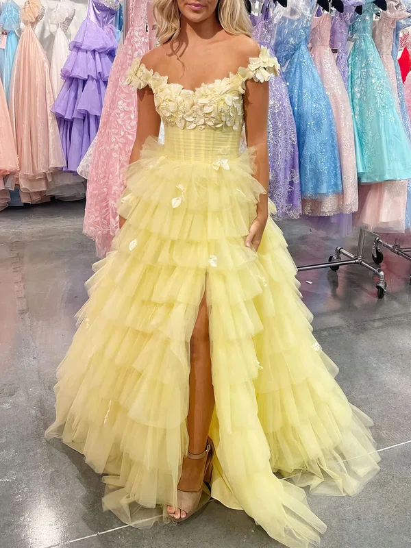 Ball Gown Off-the-shoulder Tulle Sweep Train Prom Dresses With Tiered #UKM020121867