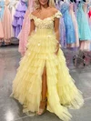 Ball Gown Off-the-shoulder Tulle Sweep Train Prom Dresses With Tiered #UKM020121867