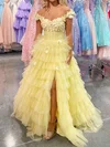 Ball Gown Off-the-shoulder Tulle Tiered Prom Dresses With 3D Floral #UKM020121867