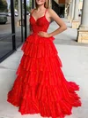 Ball Gown V-neck Tulle Glitter Sweep Train Prom Dresses With Appliques Lace #UKM020121869