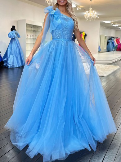 Ball Gown One Shoulder Tulle Sweep Train Prom Dresses With Appliques Lace #UKM020121870