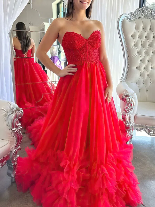 Ball Gown Sweetheart Tulle Court Train Prom Dresses With Pearl Detailing #UKM020121874