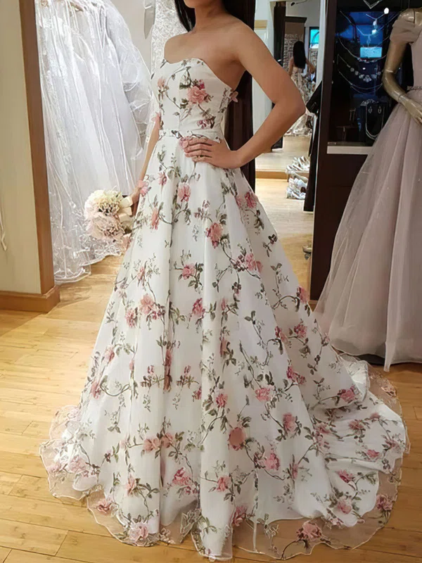 Ball Gown Strapless Tulle Floral Prom Dresses #UKM020121877
