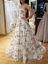 Ball Gown Sweetheart Organza Sweep Train Prom Dresses With Flower(s) #UKM020121877