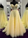 Ball Gown Sweetheart Tulle Sweep Train Prom Dresses With Appliques Lace #UKM020121880