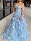 Ball Gown Off-the-shoulder Tulle Sweep Train Prom Dresses With Appliques Lace #UKM020121882