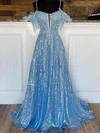 Ball Gown V-neck Sequined Sweep Train Prom Dresses With Appliques Lace #UKM020121883