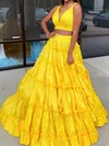Ball Gown V-neck Taffeta Two Piece Prom Dresses With Bow #UKM020121884