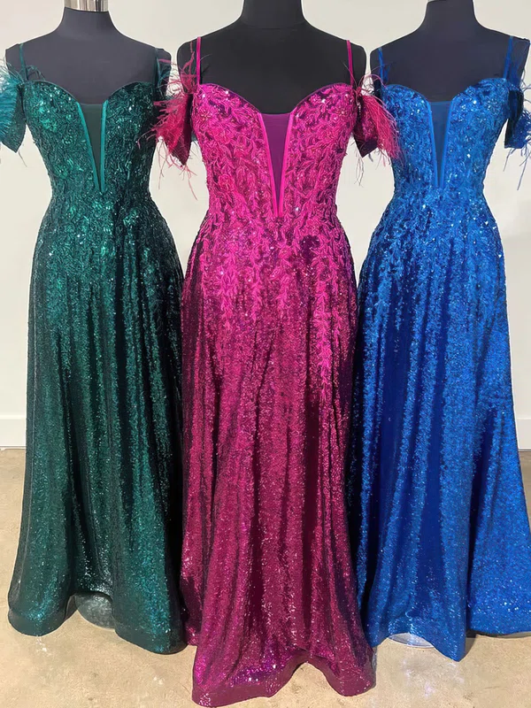 Ball Gown V-neck Sequined Floor-length Prom Dresses With Appliques Lace #UKM020121885