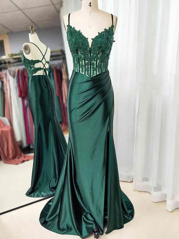 Trumpet/Mermaid V-neck Silk-like Satin Sweep Train Prom Dresses With Beading #UKM020121886
