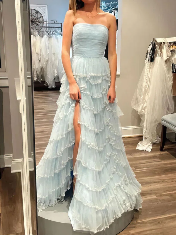 Ball Gown Strapless Tulle Tiered Prom Dresses With Appliques #UKM020121892