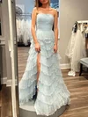 Ball Gown Straight Tulle Sweep Train Prom Dresses With Appliques Lace #UKM020121892