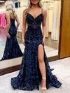 Trumpet/Mermaid V-neck Sequined Sweep Train Prom Dresses With Split Front #UKM020121898
