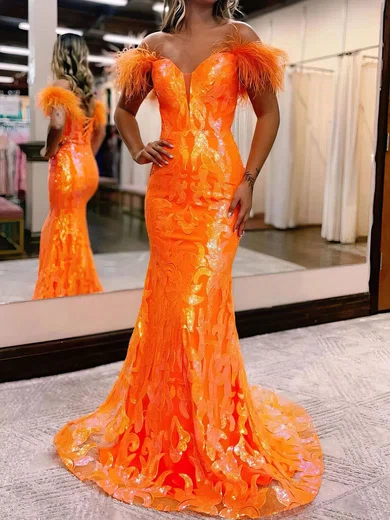 Mermaid Off-the-shoulder Sparkly Sequin Prom Dresses With Feather #UKM020121902