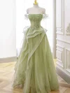 Ball Gown Off-the-shoulder Tulle Floor-length Prom Dresses With Beading #UKM020121904