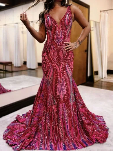 Mermaid V-neck Backless Sparkly Sequin Prom Dresses #UKM020121906